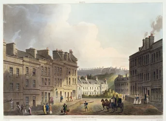 Marlborough Street, z „Bath Illustrated by a Series of Views”, grawerowane przez Johna Hilla (1770-1850) wyd. przez Williama Millera, 1805 (akwatinta)