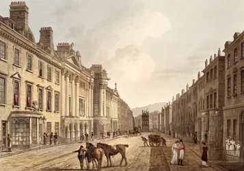 Milsom Street, z „Kąpiel ilustrowana serią poglądów”, grawerowana przez Johna Hilla (1770-1850) wyd. przez Williama Millera, 1805 (akwatinta)