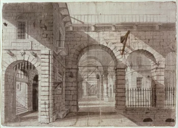 Dziedziniec więzienia Newgate (tusz i wash na papierze)