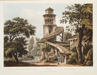 Trianon, Wieża Marlborough, ilustracja z Wersalu, Paryża i Saint Denis, wyd. 1809 (akwatinta)