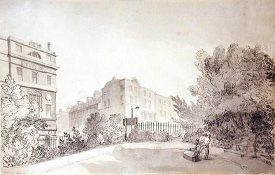 Widok placu Fitzroya z dwiema postaciami ciągnącymi rolkę ogrodową, ok. 1808 r. (tusz i pranie na papierze)