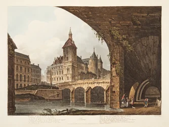 Widok na Pont-au-Change, Tour de lHorloge i Conciergerie, ilustracja z Wersalu, Paryża i Saint Denis, wyd. 1807 (akwatinta)