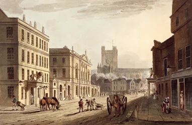 Widok na Ratusz, Rynek i Kościół Opactwa z „Łaźni Ilustrowanej Serią Widoków”, sztychowany przez Johna Hilla (1770-1850) wyd. przez Williama Millera, 1804 (akwatinta)