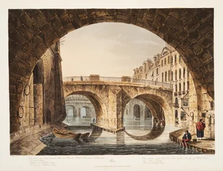 Widok spod pierwszego łuku mostu Hotel Dieu, Mały Most, część Hotel Dieu, ilustracja z Wersalu, Paryża i Saint Denis, wyd. 1809 (akwatinta)