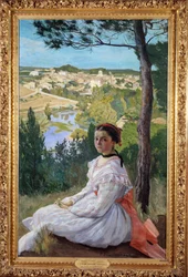 Wioska widok Młoda dziewczyna pozuje w krajobrazie Prowansji. Obraz Frederica Bazille