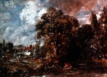 Scena rzeczna z wiejskim domem nad brzegiem wody, ok. 1830-36 (olej)
