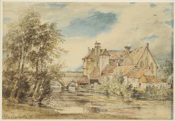 Stare domy na moście Harnham, Salisbury ze starożytnym szpitalem św. Mikołaja, 1827