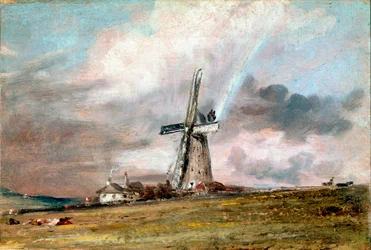 Wiatrak, domy i tęczowe malowidło autorstwa Johna Constable (1776-1837) ok. 1824 r. Słońce. 21x30,4 cm Londyn, Muzeum Wiktorii i Alberta