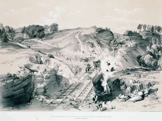 Wysadzanie skał, Linsdale, Buckinghamshire, lata 30. XIX wieku (pióro i atrament oraz pranie na papierze)
