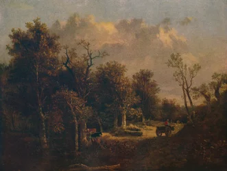 Skraj lasu, z wozem rolniczym i bydłem, c1811