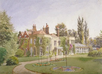 Frontowe wejście i ogród w Raleigh House, Brixton Hill, Lambeth, Londyn, 1887