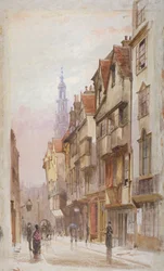 Widok na ulicę Wych Street, Westminster, patrząc na wschód od bramy New Inn, Londyn, ok. 1880 r.