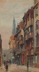 Widok na ulicę Wych Street, Westminster, patrząc na wschód od bramy New Inn, Londyn, ok. 1880 r.