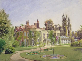 Widok na frontowe wejście i ogród w Raleigh House, Brixton Hill, Lambeth, 1887