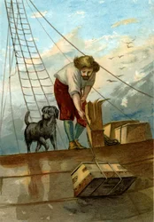 ilustracja do Życie i dziwne zaskakujące przygody Robinsona Crusoe autorstwa Defoe (chromolitografia)