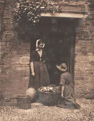 [Dwie kobiety, jedna klęcząca i jedna stojąca, zaglądając do kosza wypełnionego warzywami, 1853-56.