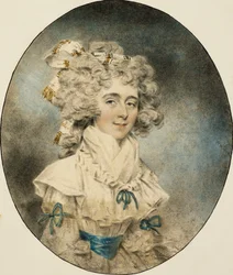 Portret pani Fisher, połowa długości, w białej sukni ozdobionej niebieskimi wstążkami, 1788