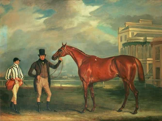 Generał Chasse, kasztanowy koń wyścigowy trzymany przez swojego trenera, ze swoim dżokejem J. Holmesem stojącym na torze wyścigowym w Aintree, 1835