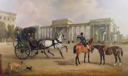 Pan Massey Stanley z kabrioletem i wozami na Hyde Park Corner, 1833 r.