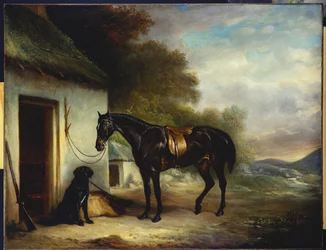 Ulubiony myśliwy pana Stuarta, Vagabond i jego Flatcoated Retriever, Nell, przy drzwiach do chaty, 1867