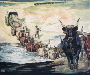 Przeprawa przez rzekę, ilustracja z „Pomocnicy bez rąk” Gladys Davidson, wydanej w 1919 r. (kolor litho)