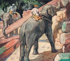Słonie trzymające kłody, ilustracja z „Helpers Without Hands” Gladys Davidson, wydanej w 1919 r. (kolor litho)