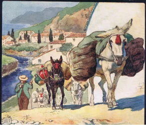 Muły na hiszpańskiej przełęczy, ilustracja z „Pomocnicy bez rąk” Gladys Davidson, wydanej w 1919 r. (kolor litho)