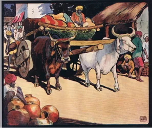 Woły ciągnące wóz, ilustracja z „Pomocnicy bez rąk” Gladys Davidson, wydanej w 1919 r. (kolor litho)