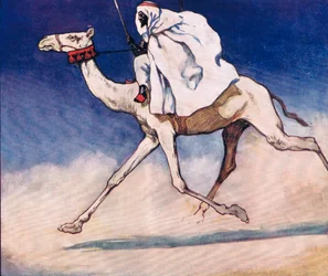 Jazda na wielbłądzie, ilustracja z „Pomocnicy bez rąk” Gladys Davidson, wydanej w 1919 r. (kolor litho)