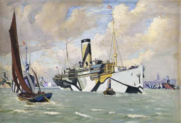 Pomocniczy uzbrojony krążownik wiozący konwój wojsk amerykańskich do Tamizy (Anglia)