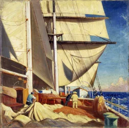 Naprawa żagli na pokładzie "Brickdale" podczas podróży z Bristolu do Sabine Pass w Teksasie (Stany Zjednoczone, USA) między kwietniem a czerwcem 1920 r.