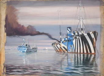 S.S. Lepanto i inny statek parowy, oba olśniewająco pomalowane, zakotwiczone na spokojnej wodzie