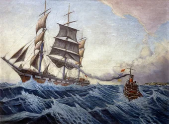 Statek "Iquique" i holownik "Warrior" u wybrzeży Anglii podczas podróży między Londynem (Anglia) a Sydney (Australia) między grudniem 1898 r. a kwietniem 1899 r.