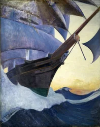 Statek "Cutty Sark" widziany z dziobu, jeden z najsłynniejszych statków handlowych XIX wieku. Olej na płótnie, około 1930 r., autor: Herbert Barnard John Everett (1876-1949)