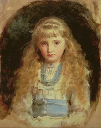 Portret Beatrice Caird w białej sukni z niebieską szarfą