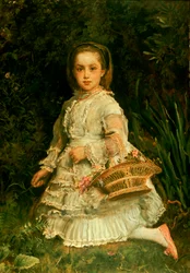 Portret Gracii, pełnej długości, ubrana w białą sukienkę, zbierająca dzikie kwiaty
