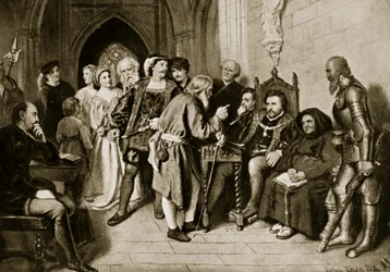 Jakub IV na naradzie przed bitwą pod Flodden, 1513, ilustracja z „Hutchinson