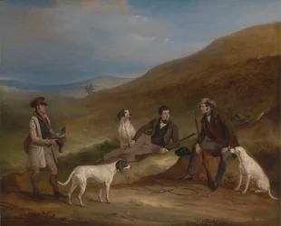 Edward Horner Reynard i jego brat George polujący na cietrzewie w Middlesmoor w Yorkshire, ze swoim łowczym Tullym Lambem