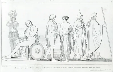 Agamemnon oskarżył heroldów Taltibiusa i Euribata o uprowadzenie Briseis; Achilles przekazał go w ich ręce przez Patroklesa. Rysunek Johna Flaxmana (1755 - 1826). Iliada Homera. Śpiew I