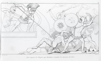 Ajax odpiera trojany, którzy chcą spalić greckie statki. Rysunek Johna Flaxmana (1755 - 1826). Iliada Homera. Śpiew XV.