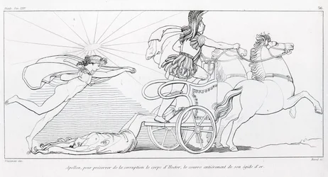 Apollo, bóg Słońca, aby zachować ciało Hektora, okrywa go całkowicie swoją złotą egidą. Śpiew XXIV. Rysunek Johna Flaxmana (1755 - 1826). Iliada Homera.