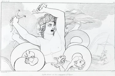 Epizod Charybdy i Scylli: sześciu towarzyszy Ulissesa zostaje pożartych. Rysunek Johna Flaxmana (1755 - 1826). Odyseja Homera. Pieśń XII.
