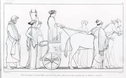Nausicaa, który właśnie poznał Ulissesa, zabiera go z powrotem do pałacu jego ojca, króla Alkinoosa. Rysunek Johna Flaxmana (1755 - 1826). Odyseja Homera. Pieśń VI.