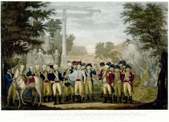 Brytyjczycy oddają broń generałowi Waszyngtonowi po klęsce pod York Town w Wirginii w październiku 1781, 1819 (ręcznie kolorowane miedzioryty)