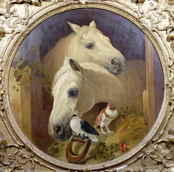 Konie przy drzwiach stajni