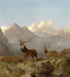 Jelenie i łapy w górskim krajobrazie, 1864