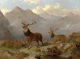 Jelenie i łapy w górskim krajobrazie, 1864