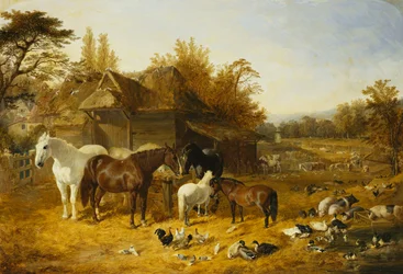 Gospodarstwo z końmi i kucykami, Berkshire, Saddlebacks, Alderney Shorthorn Cattle, Bantams, Mallard i Perliczki, z wiejskim dworem nad rzeką w oddali, 1853
