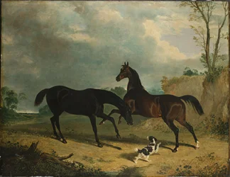Myśliwi i spaniel w leśnym krajobrazie, 1835