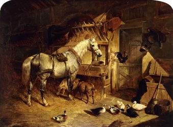 Wnętrze stajni z dereszowatym siwym koniem w uprzęży, z kaczkami, kozami i kogutem przy żłobie, 1843